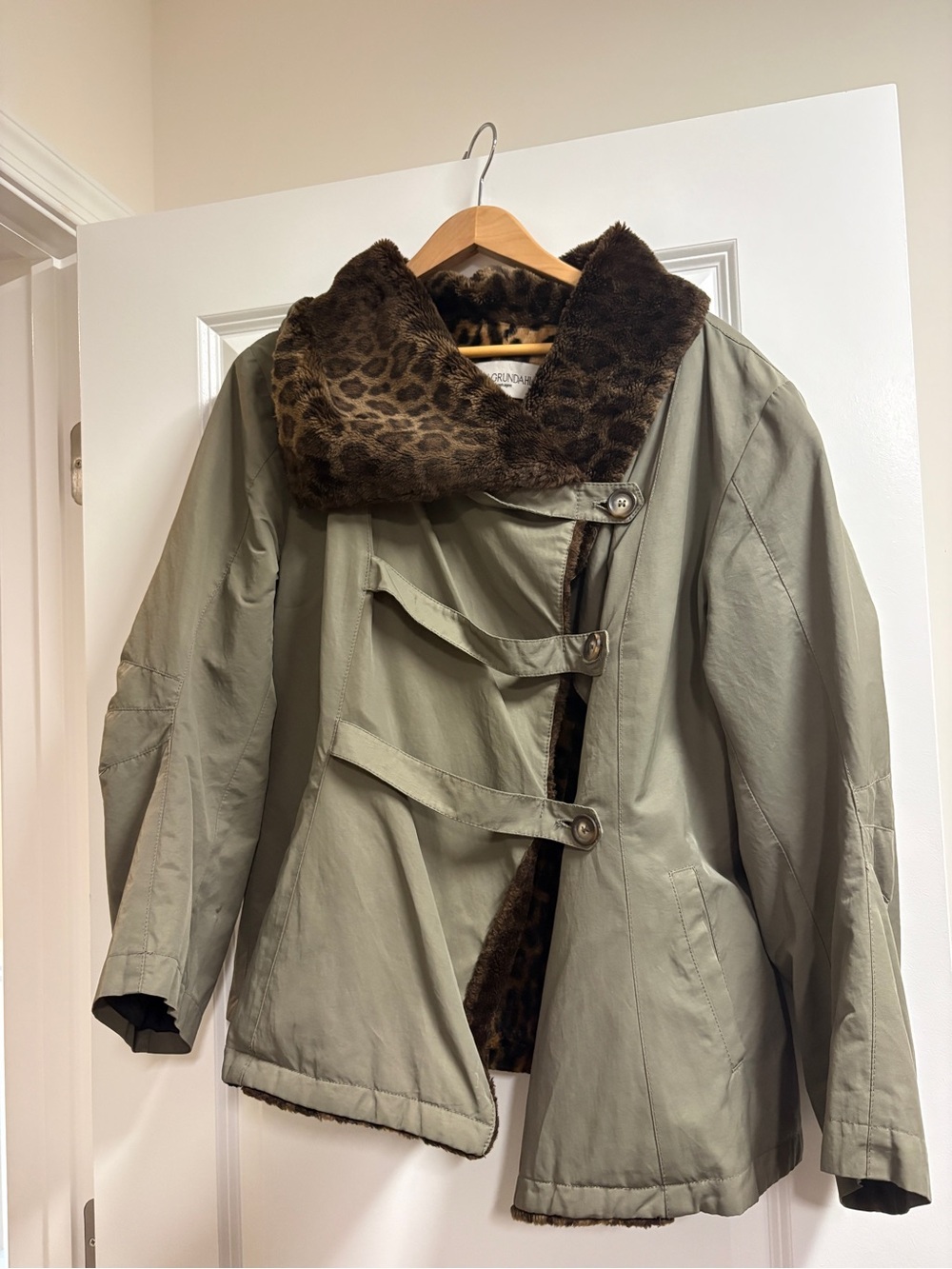 Olive Green Jacket with Leopard Fur Interior and Collar